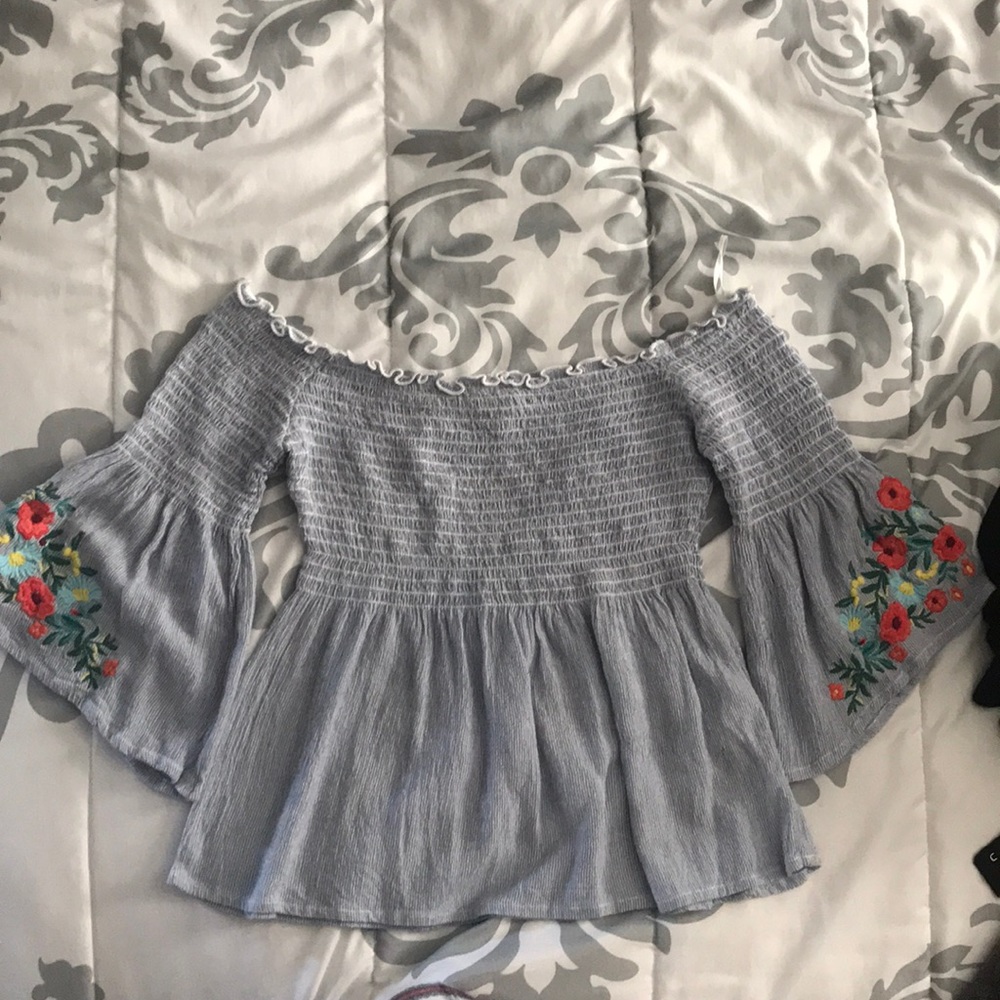 Hollister Blue off shoulder floral embroidered top